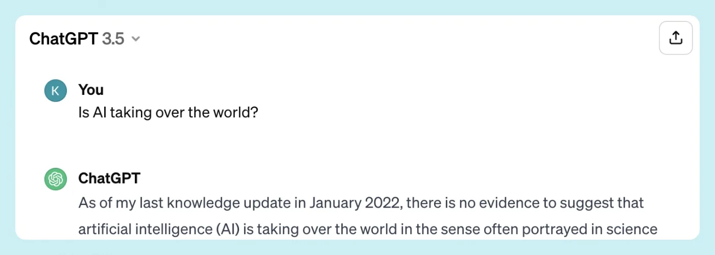 Chat GPT screen asking "Is AI taking over the world?"