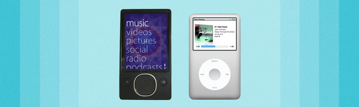 An iPod and a Zune digital media player.