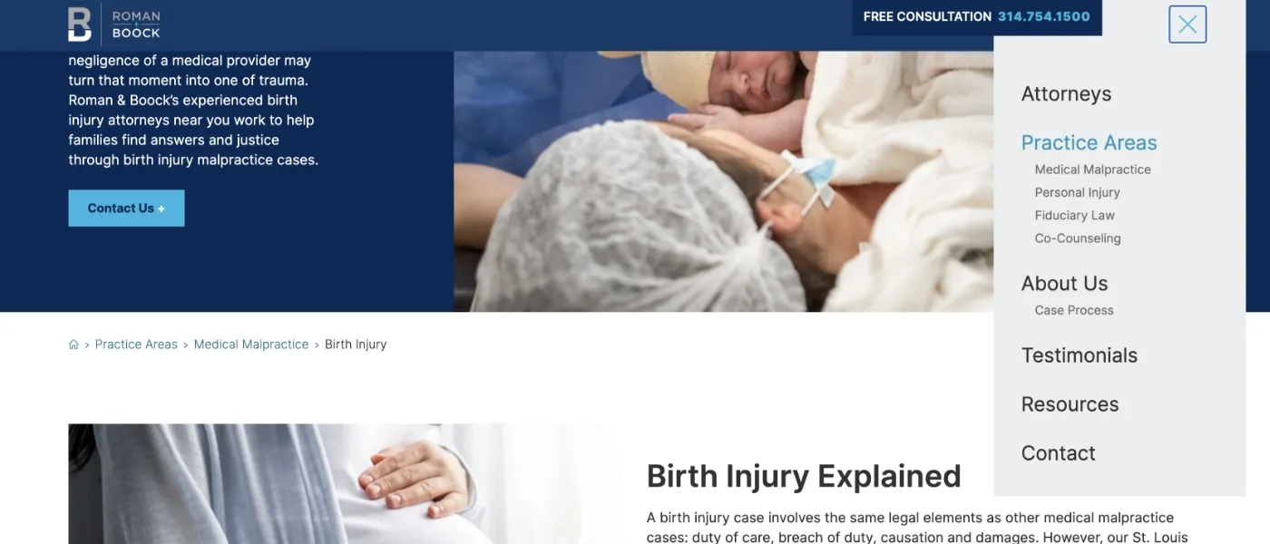 Dropdown menu on Roman & Boock's website.