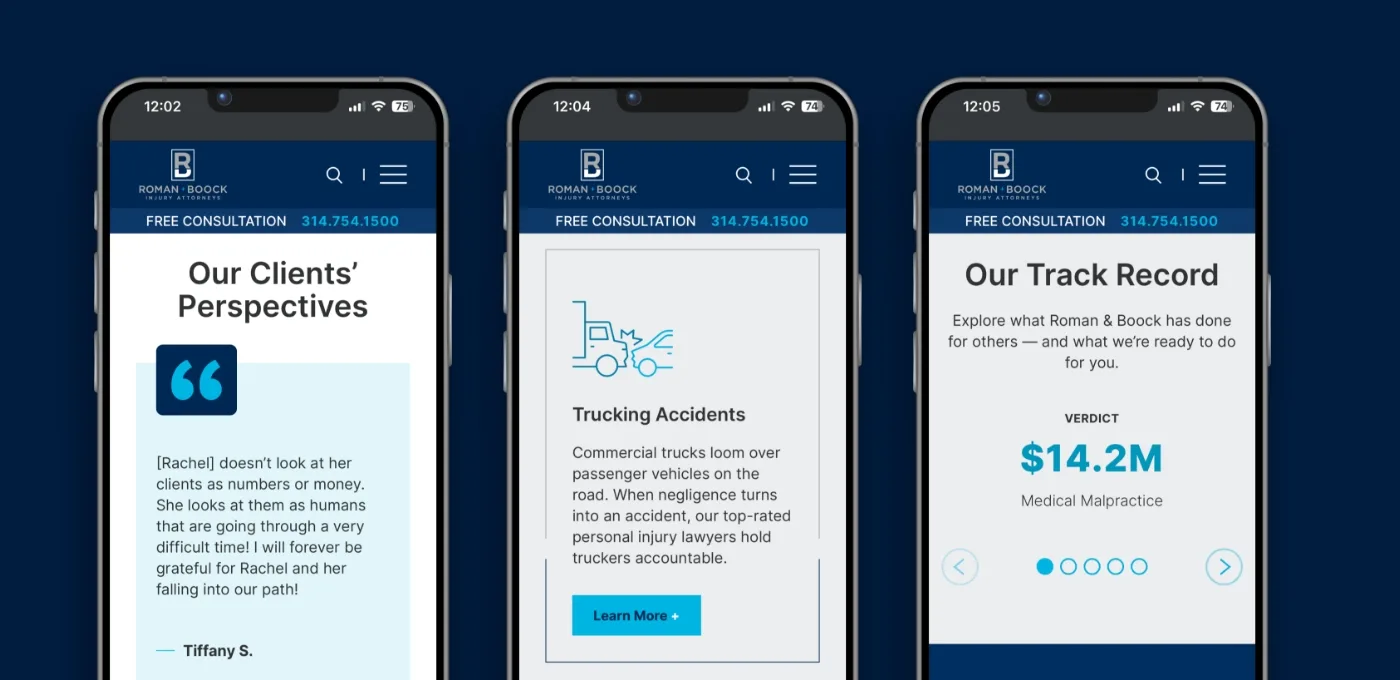Three smartphone screens showing testimonials, expertise areas and results found on Roman & Boock's website. 