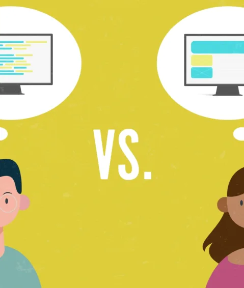 female with ui thought bubble vs. male with code thought bubble making a website