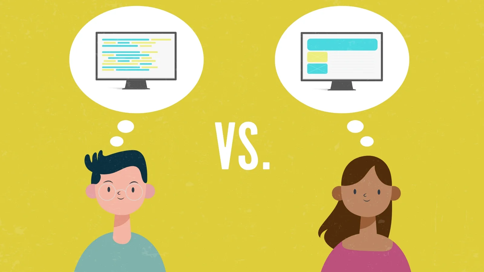 female with ui thought bubble vs. male with code thought bubble making a website