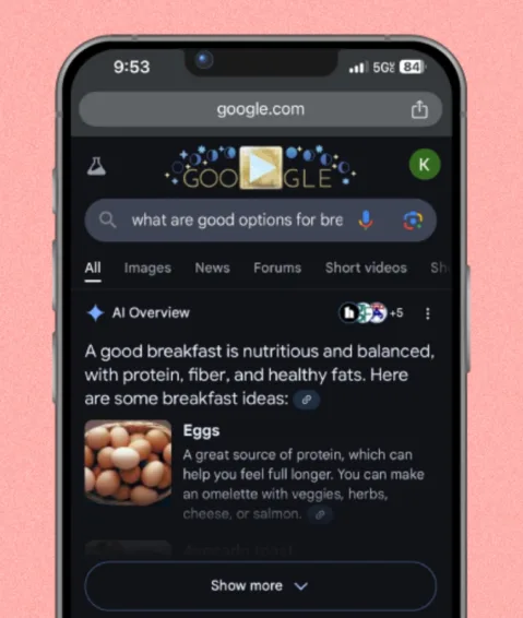 A smartphone with Google's AI Overview feature displayed