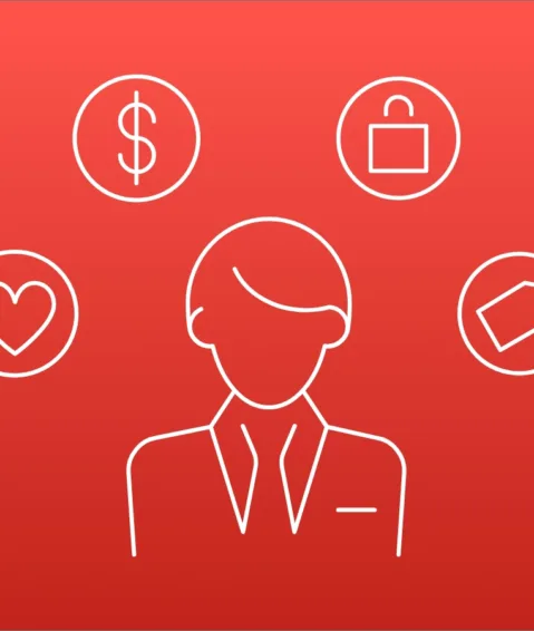 Silhouette of a businessman four icons of a heart, dollar sign, briefcase and price tag surrounding him.