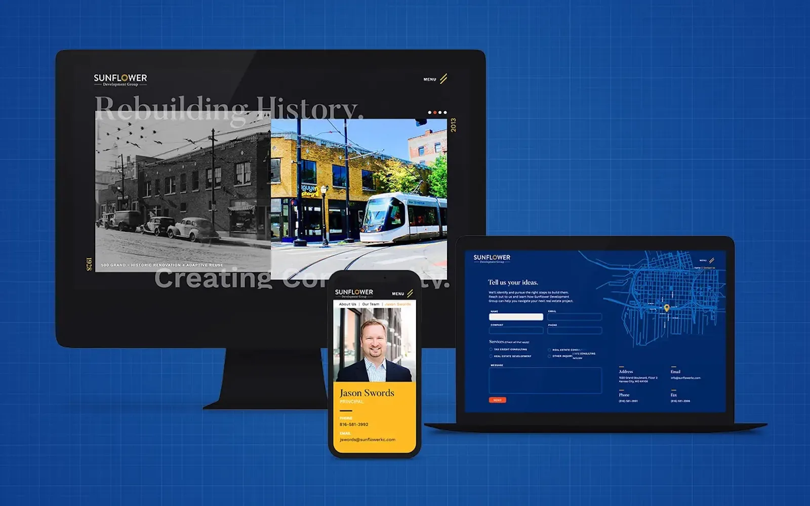 Sunflower Development Group website displayed across desktop, tablet, and mobile devices