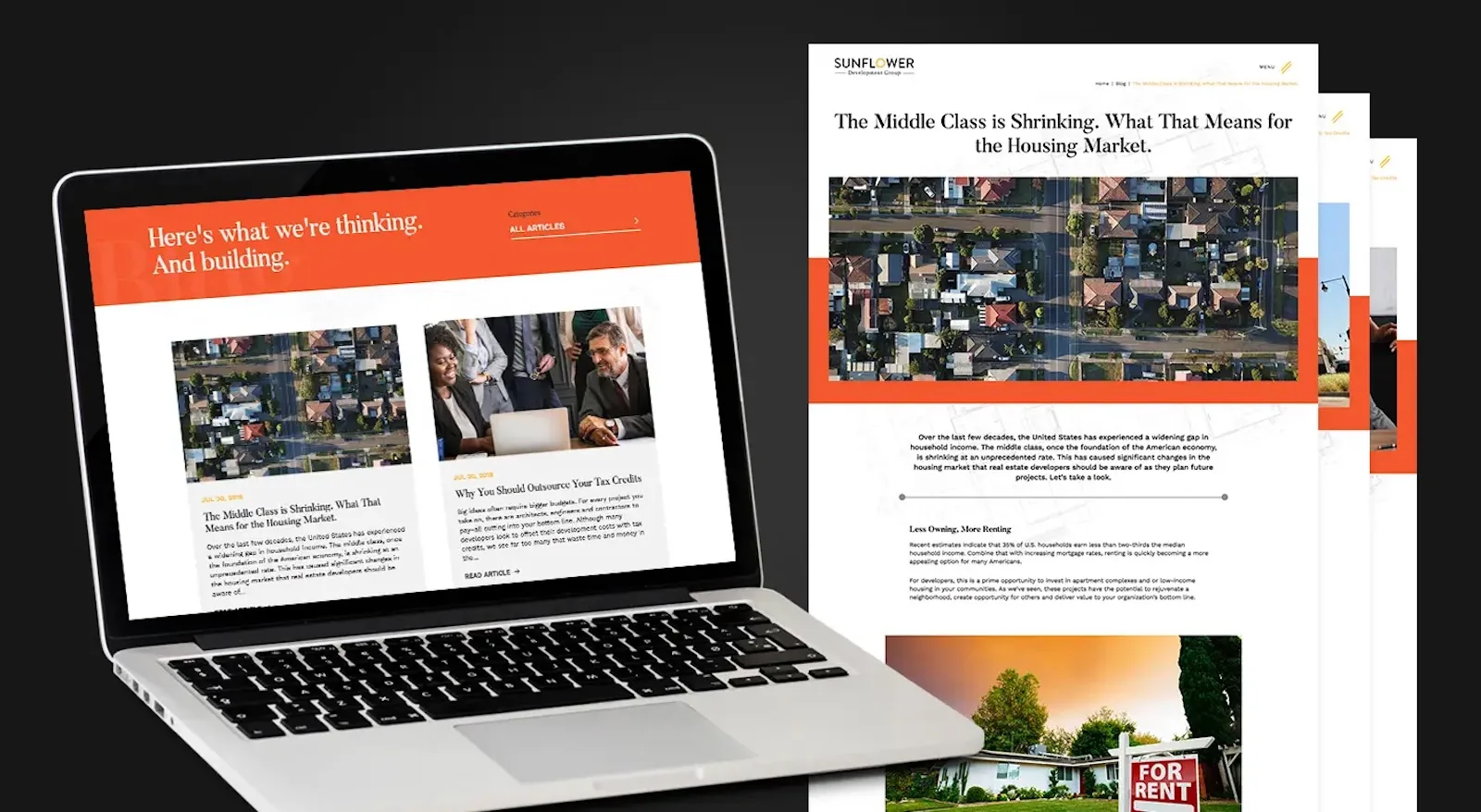 Sunflower Development Group thought leadership articles displayed across desktop and print layouts