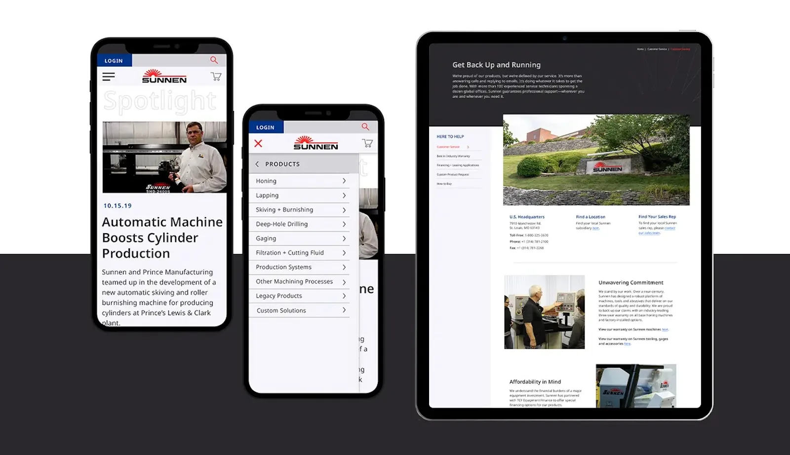 Two mobile views and one tablet view of Sunnen's website
