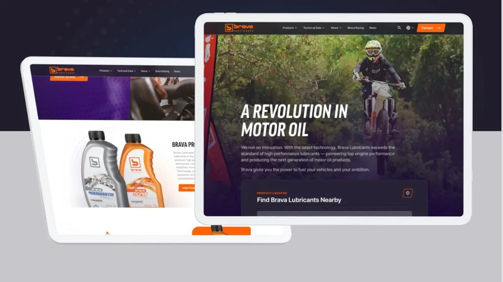 Brava Lubricants web pages with product bottles and a man riding a motorcycle