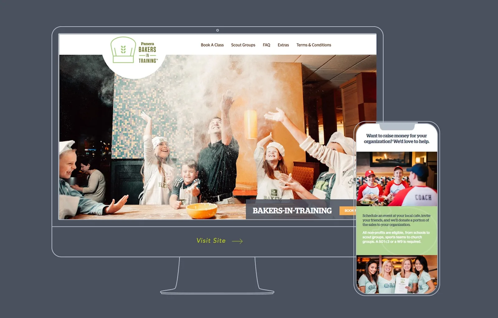 Panera Bread Bakers-in-Training and fundraising program website shown on desktop and mobile devices