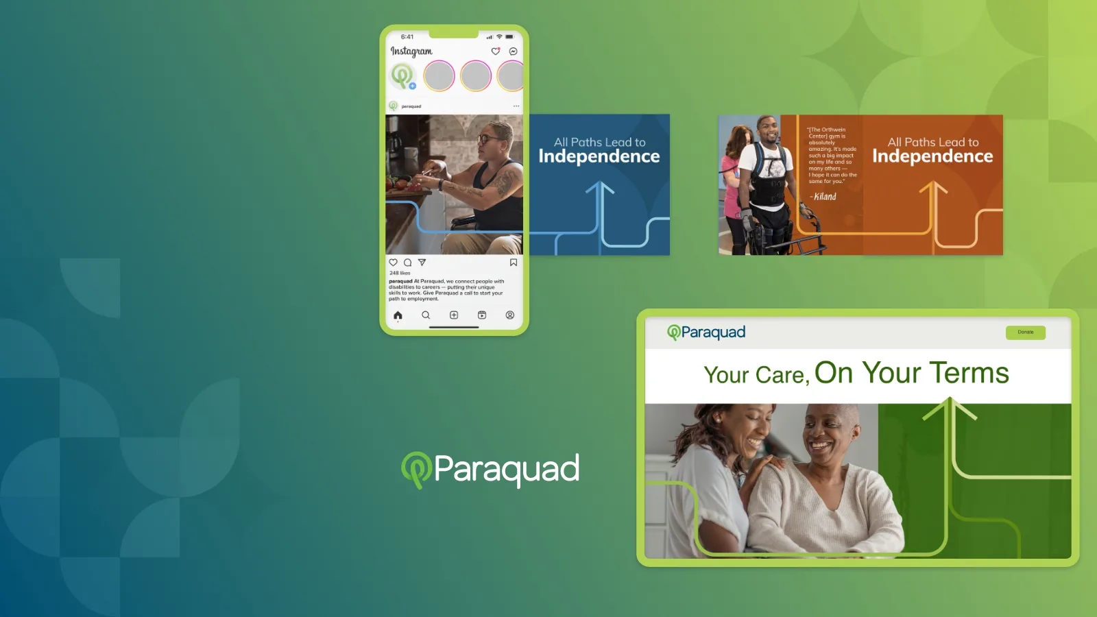 Paraquad brand campaign shown across Instagram, digital ads, and website