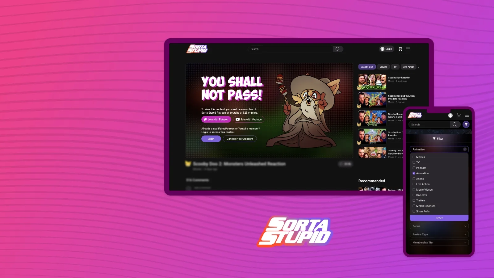 Sorta Stupid website showing member-only video content on desktop and mobile