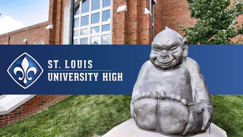 SLUH exterior building with Billiken statue