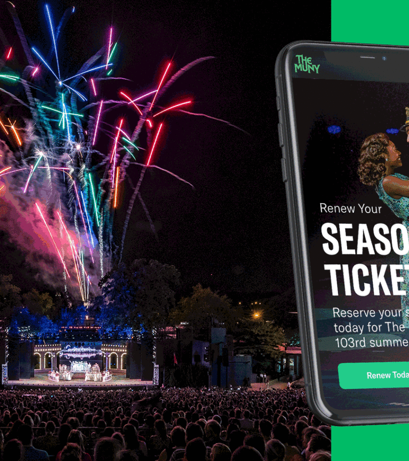 The Muny audience with fireworks and a mobile view of renewing your season tickets