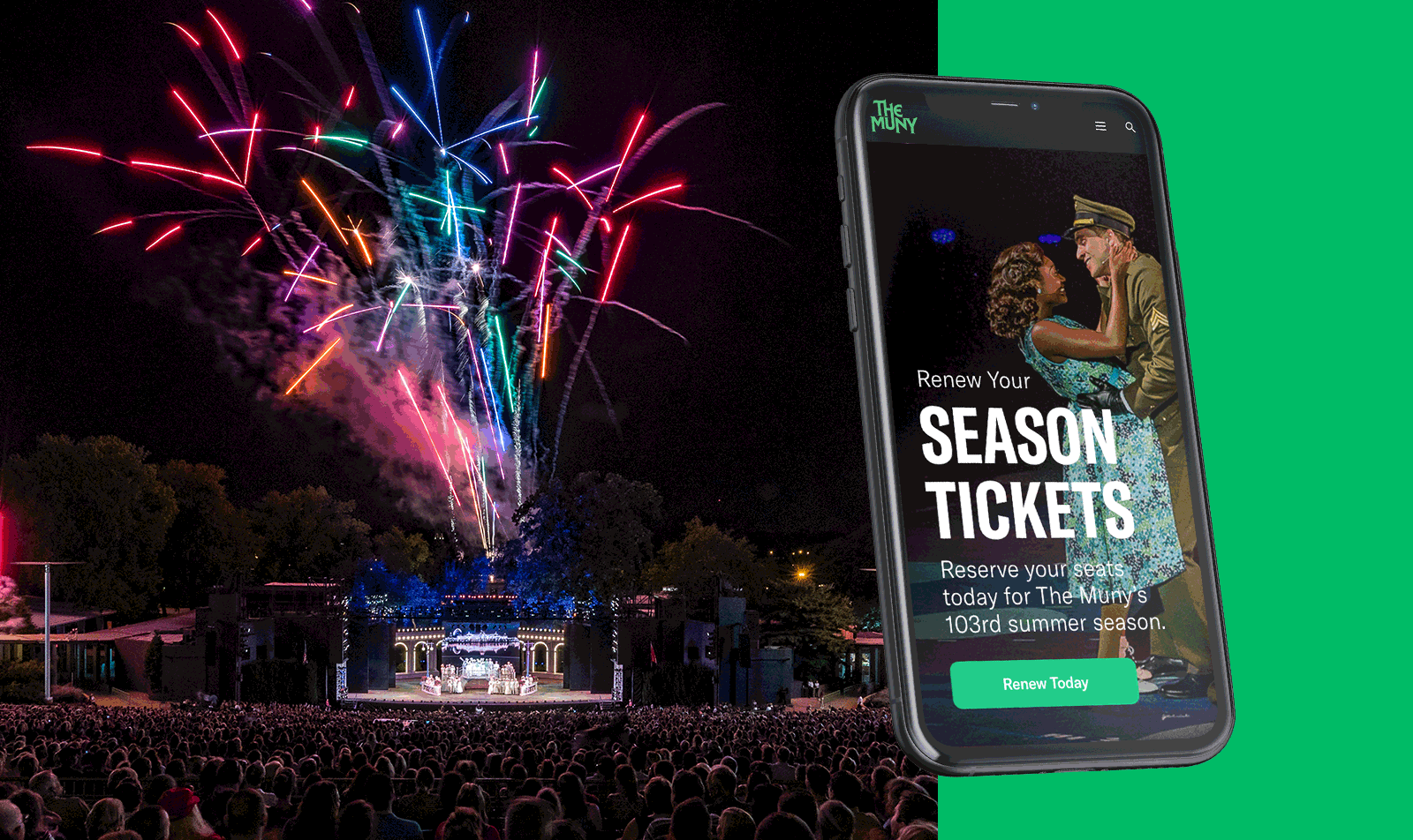 The Muny audience with fireworks and a mobile view of renewing your season tickets