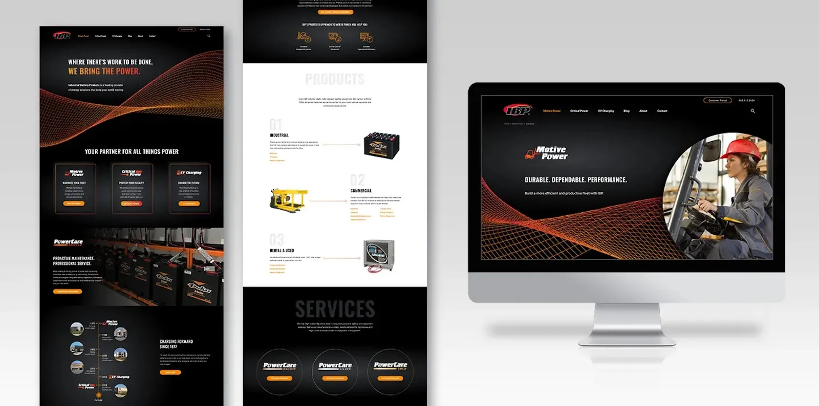 IBP website design mockups showing batteries and a forklift