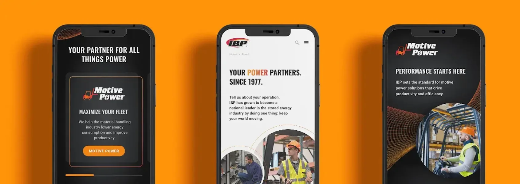 Three mobile views of IBP's website motive power and forklifts