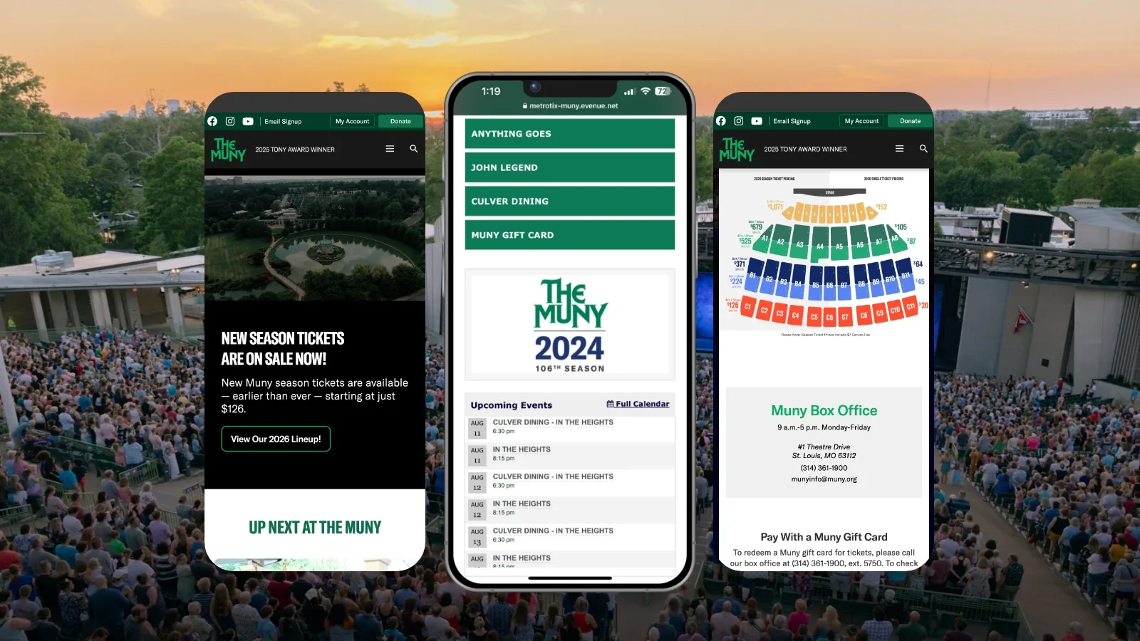 3 phone screens showing the ticket buying journey