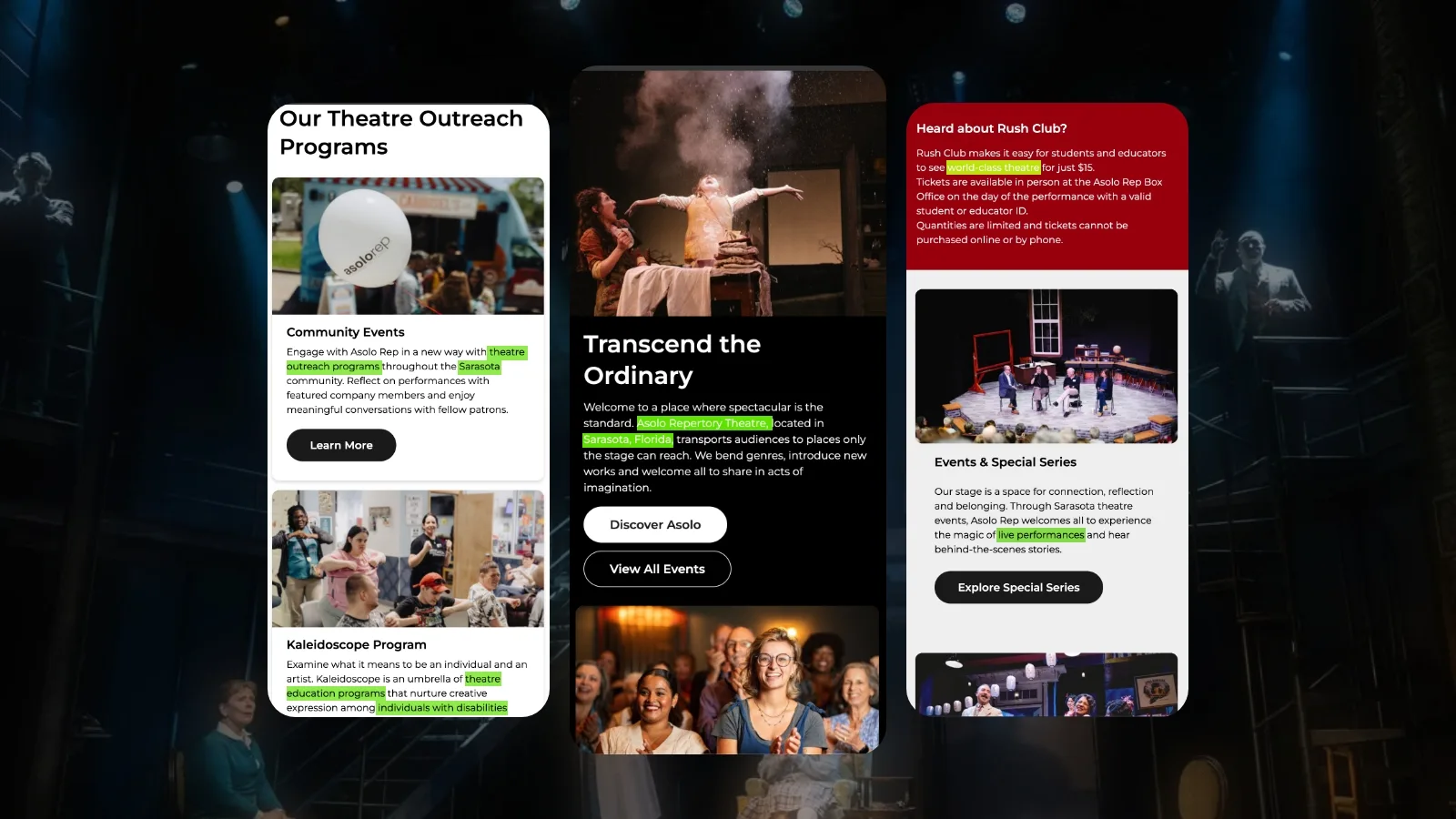 3 phone screens with highlighted keywords