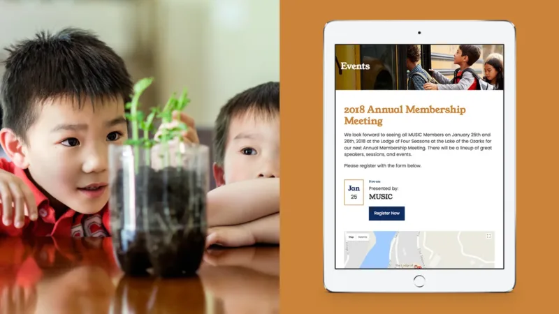 MUSIC tablet view of event page with two children engaged in a learning project
